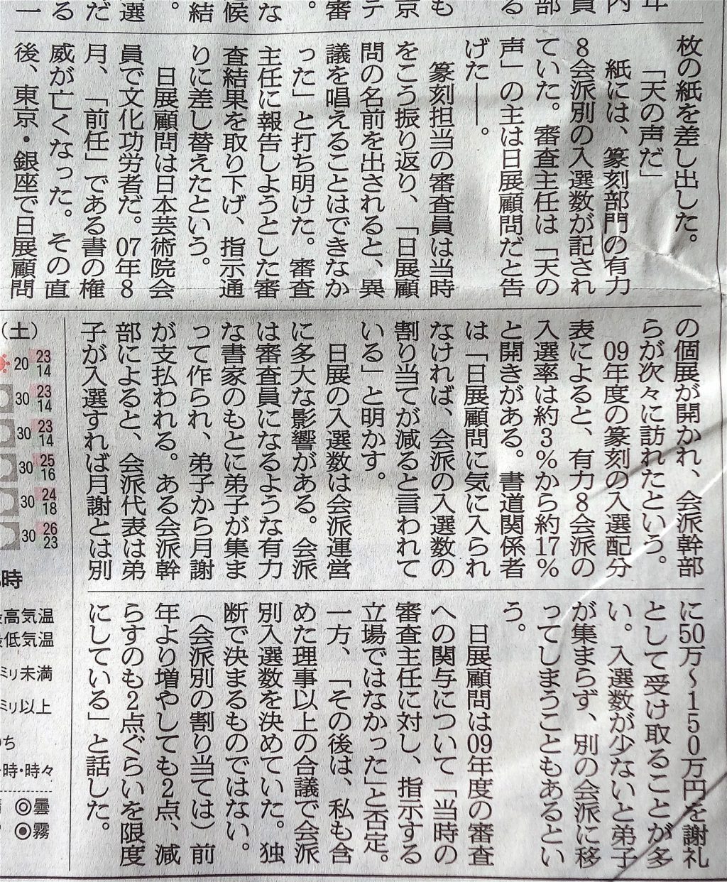 2013年10月30日、朝日新聞朝刊の39ページ（社会）：日展書道「篆刻」、入選を事前配分　有力会派で独占
